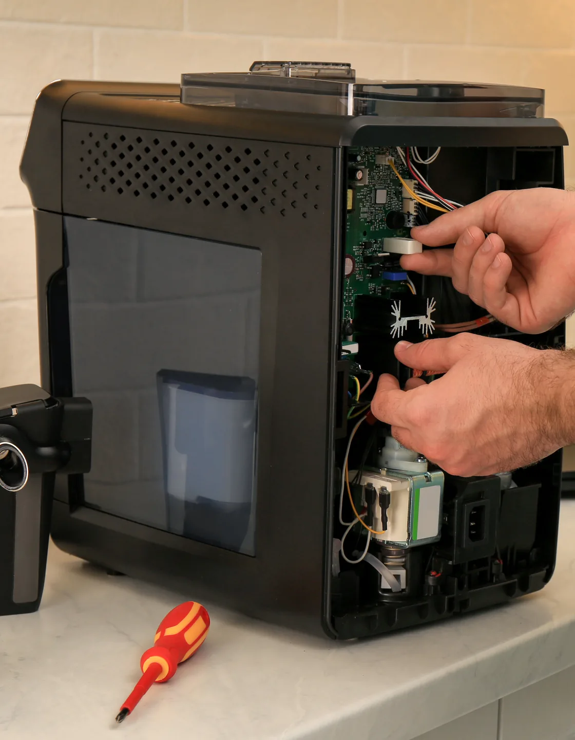 Techniker prüft die Elektronik eines schwarzen Kaffeevollautomaten bei abgenommener Seitenwand